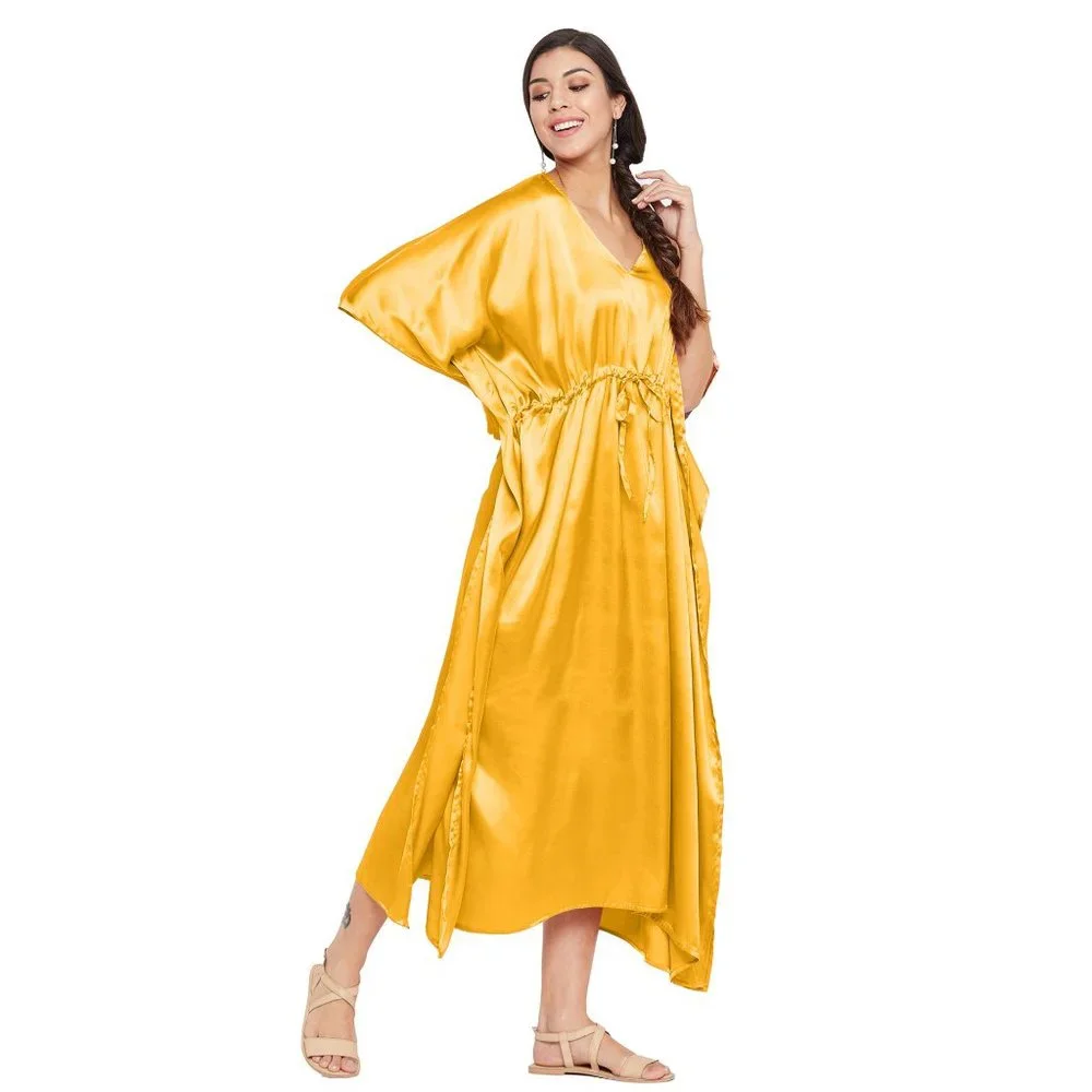 Women Plus Size Fit and Flare Yellow Kaftan Solid Maxi Dress by Gypsie Blu_4